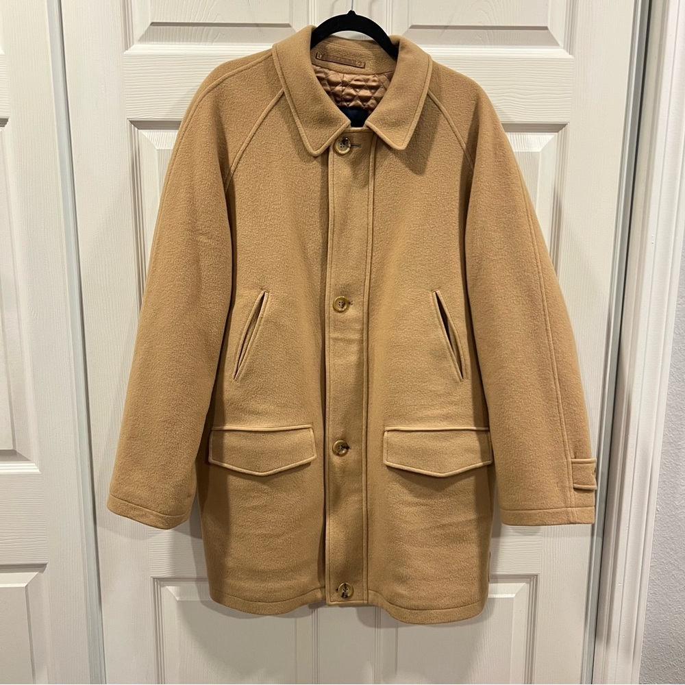 Burberry Men’s Peacoat Camel Tan Mid Length Coat Wool Cashmere Size Medium
